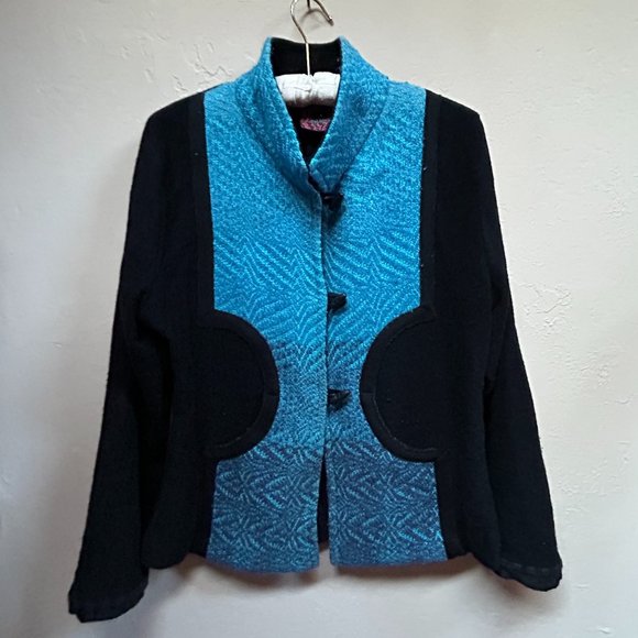 Vintage Patricia Palson Women's Handwoven Jacket Black Blue Art to Wear Toggle